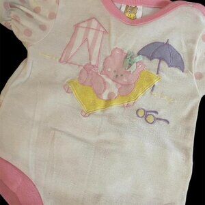 Vtg 1988 Love Spun Pink Cat Lounging Beach Scene Ruffle Bottom Romper Size 18 Mo